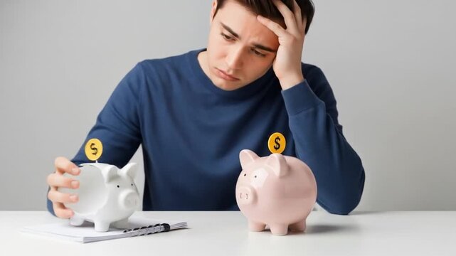 Ai generated image of a worried man is looking at empty piggy banks, symbolizing financial crisis and money problems