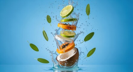 Dynamic tropical fruit explosion with splashing water evoking a refreshing sensation on a vibrant