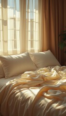 Fototapeta premium Sunlit bedroom with serene bedding and two pillows