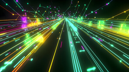 Fast-moving, vibrant digital highway with glowing lines and points.  Abstract, futuristic cityscape