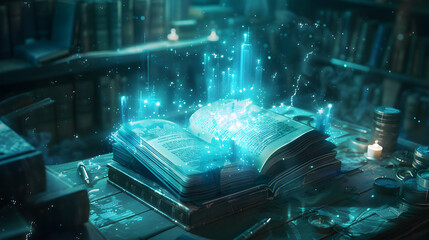 Magical Glowing Book in Library Emitting Light Beams