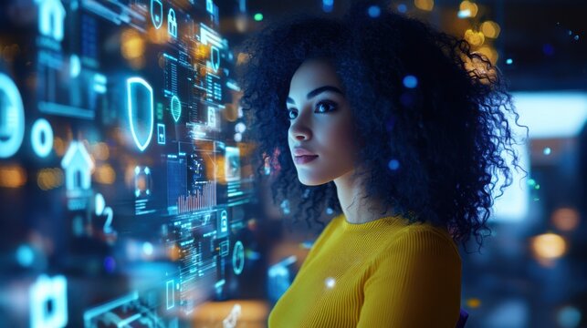 Young African American woman interacting with holographic display at night