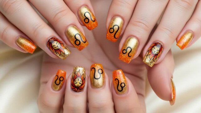 Ai generated image of elegant gold and orange nails adorned with leo zodiac signs showcase a creative and stylish manicure, reflecting beauty and fashion