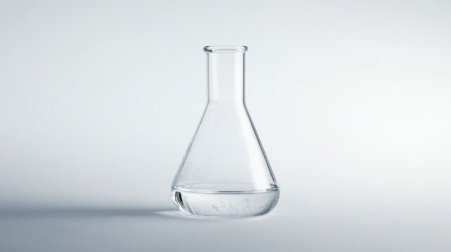 Erlenmeyer flask with clear liquid in laboratory setting