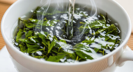 Green tea food for longevity steaming white cup with fresh leaves