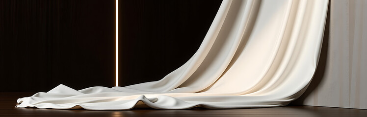 soft white fabric draped effortlessly dark wooden backdrop gentle folds illuminated warm spotlight casting subtle shadows