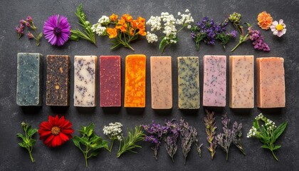 Aromatic soaps displayed with vibrant flowers, promoting natural skin health and wellness lifestyle.