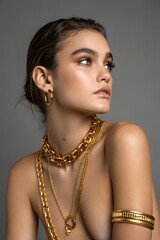 Portrait of a woman with gold jewelry including chains, earrings, and an arm cuff