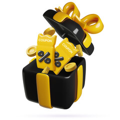 3d Black Friday Sale coupons with percent flying out of a black gift box. Vector illustration.