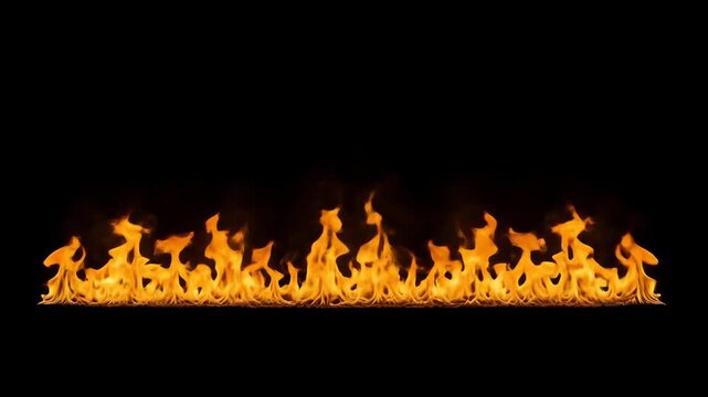 Horizontal Fire Flames Isolated on Black Background - Dynamic Fiery Border or Overlay Element