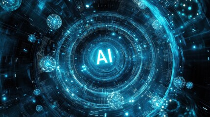 Obraz premium Futuristic glowing AI text with vibrant orbs in digital space
