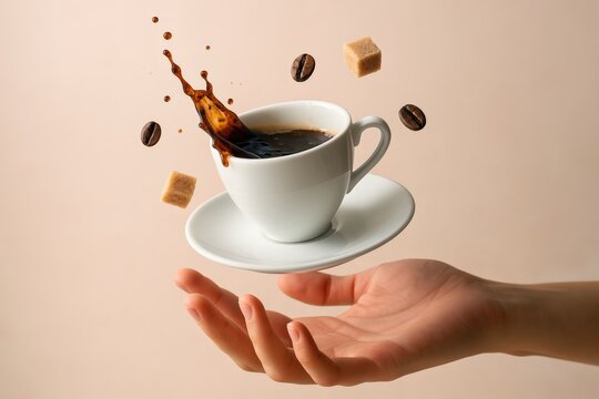 Suspended Coffee Cup Moment shows an artistic, floating composition with splashing liquid, surrounded by sugar cubes and coffee beans on a creamy beige background. - Powered by Adobe
