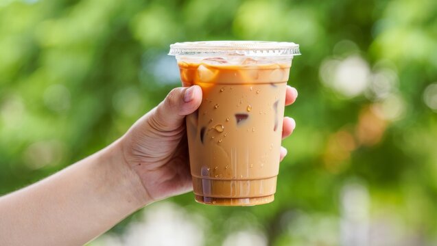 Hand holding a refreshing iced coffee drink outdoors