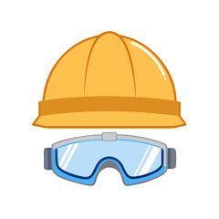 Cartoon illustration of a yellow hard hat and blue safety goggles isolated on transparent background