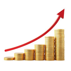 Ascending stacks of gold coins with a red arrow pointing upwards isolated on transparent background