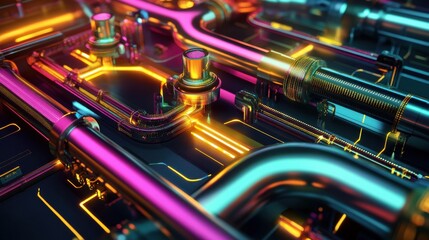 Obraz premium Futuristic neon pipes and circuitry in industrial setting