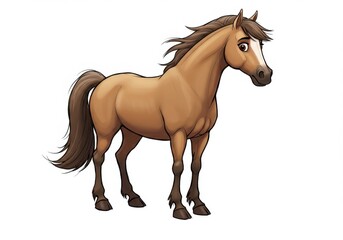 Fototapeta premium Cartoon illustration of a brown horse standing, with a dark mane and tail, on a white background.