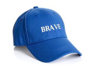 Blue baseball cap with the word "BRAVE" embroidered on it