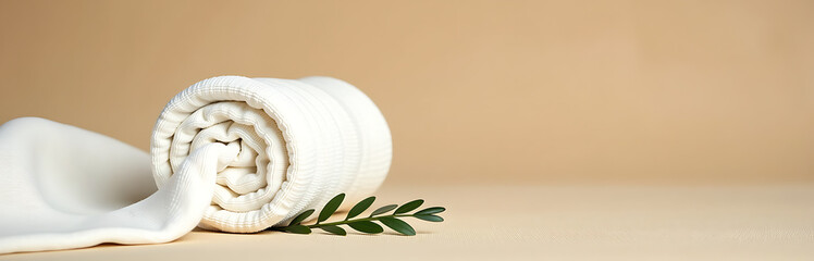 soft focus captures gently rolled white cotton towel draped warm beige textured background accompanied delicate green leaf sprig