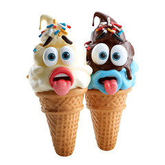 Two funny ice cream cones with googly eyes and candy decorations isolated on transparent background