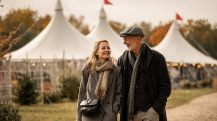A happy couple enjoying a day out at a festive Oktoberfest event.