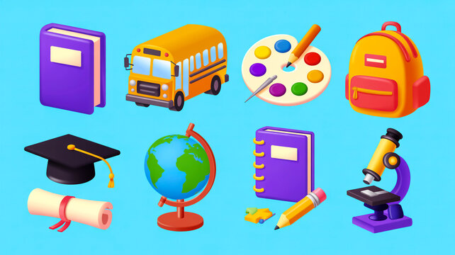 3D cartoon school items grid book, bus, art, globe, microscope