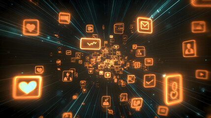 Digital icons swirling in a dynamic, glowing vortex.  Animated social media and communication symbols radiating outward from a central point