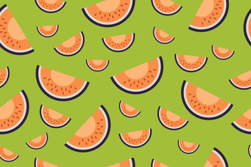 Juicy watermelon slice pattern in red, pink and green on a fun tropical summer-themed background