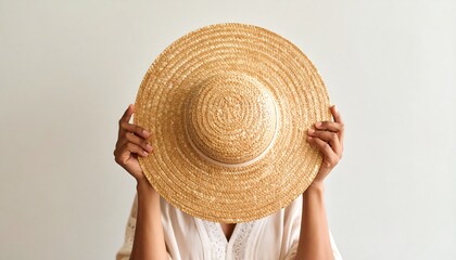 Concealed identity behind a straw hat, a portrait of summer concealment