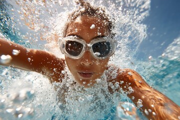 Diver submerged in water, creating splashes with goggles, showcasing dynamic underwater movement
