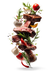 A Hyper-Realistic Photo of Juicy Steak Ingredients Flying on Transparent Background
