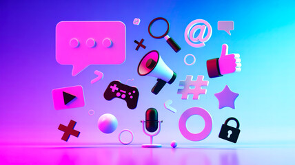 3D floating social media, tech icons on gradient purple-blue background