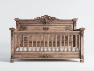 Ornate wooden crib, light brown hue