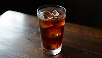 Refreshing iced coffee drink with ice cubes on a wooden table