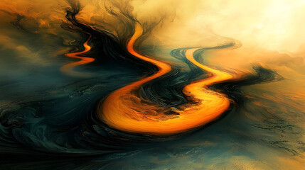 Abstract landscape with swirling, flowing orange river.  A vibrant, textured landscape of swirling colors, featuring a winding, golden river. Darker, earthy tones provide a dramatic contrast