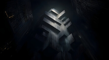Dark, futuristic skyscraper,  composed of interlocking, rectangular blocks,  emerges from a dense urban night backdrop.  Illuminated from within