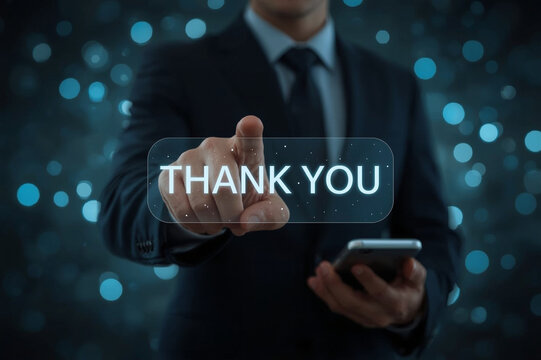 Thank You message, A person interacts with glowing "Thank You" on virtual interface, symbolizing gratitude, appreciation, or acknowledgment in business or personal context. business interactions.