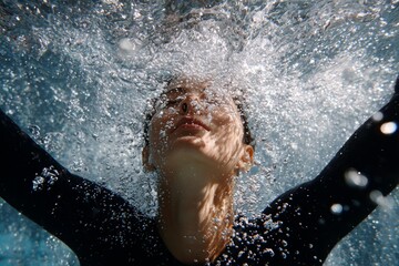 Diver emerging from water, showcasing graceful movement and dynamic splashes in aquatic environment