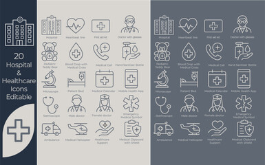 Medical icon set, hospital icon. Including doctor, medicine, hospital, treatment, healthcare, nurse, patient, bed, clinic, and more. Outline vector icons collection.