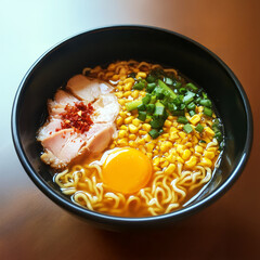 Corn, green onions, eggs, and meat ramen