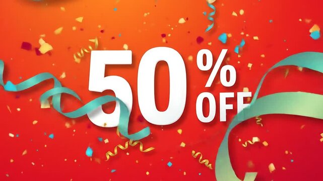 Festive 50% off sale announcement with confetti and ribbons.