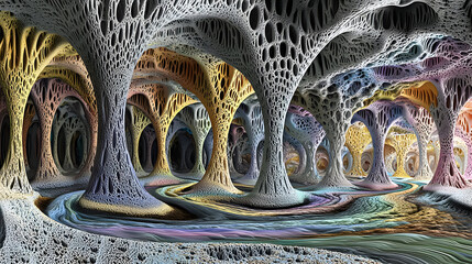 A fantastical, intricate cave system with swirling,  colorful,  organic formations.  The cavernous space is filled with  complex, interconnected structures