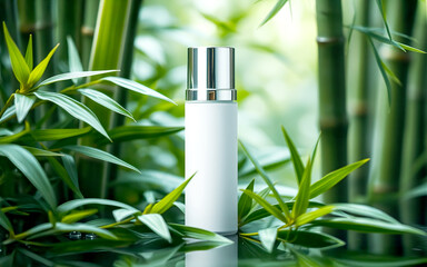 Cosmetic Bottle with Bamboo Background