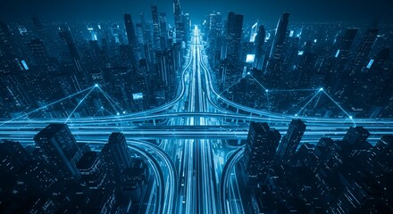 Futuristic Cityscape with Bright Neon Lights and Elevated Highways in Night Setting