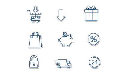 Online Shopping Icons: Cart, Discount, Delivery – Flat Design Vector Art Clean Outline Icons for Digital E-Commerce Icon Set  © Tharuka