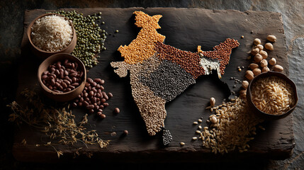 India map created from pulses and grains showcasing agricultural strength and unity.