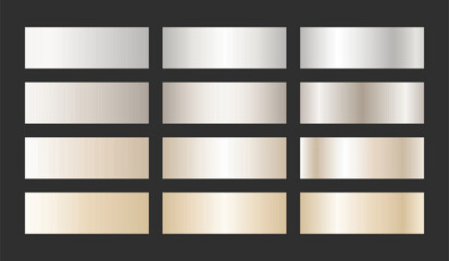 Elegant silver and pearl metallic gradient swatches. Soft shiny textures with luminous foil shine and satin smooth. Subtle palette for premium and luxury branding, invitations and digital design