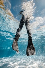 Diver in black fins gracefully submerged in clear water, showcasing aquatic movement and energy