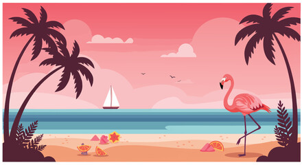 Obraz premium Tropical Beach Flamingo Sunset Landscape