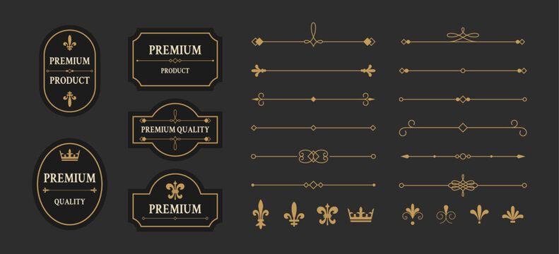 Vintage premium labels and flourishes for luxury products. Vector set of elegant dividers, badges, fleur-de-lis and crown in classic royal style. Elements for packaging, logos and vintage designs